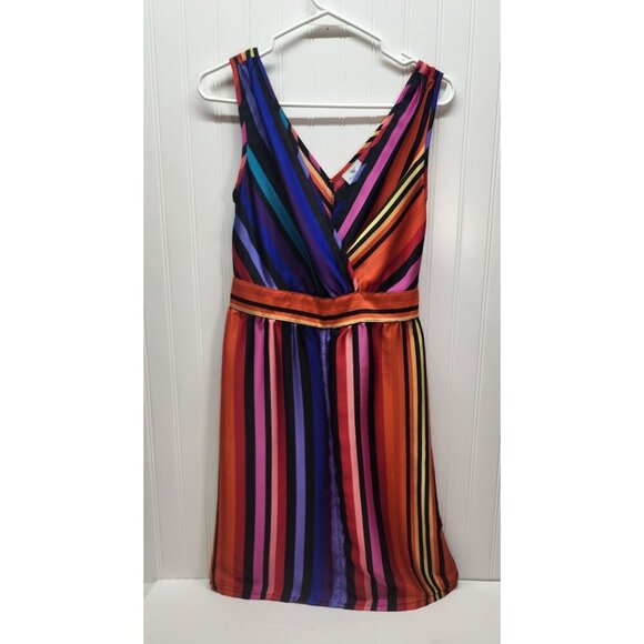 Worthington Sleeveless Multicolor Striped V-Neck Dress With Elastic Waist & Side - Picture 1 of 10